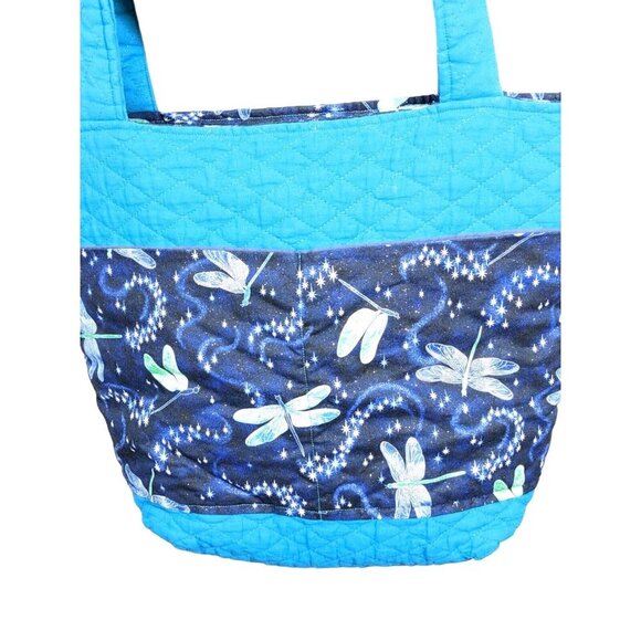 Teal Navy Quilted Purse Tote Bag Dragonfly Stars Print Four Pockets Sparkle - Picture 2 of 4
